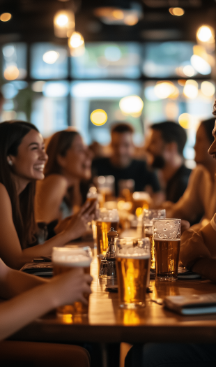 Corporate event planning in Barcelona featuring a trivia night at a modern venue with craft beers and team-building activities.